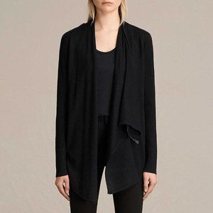 ALLSAINTS Black Drina Draped Merino Wool Shoulder Zip Cardigan | Size Large